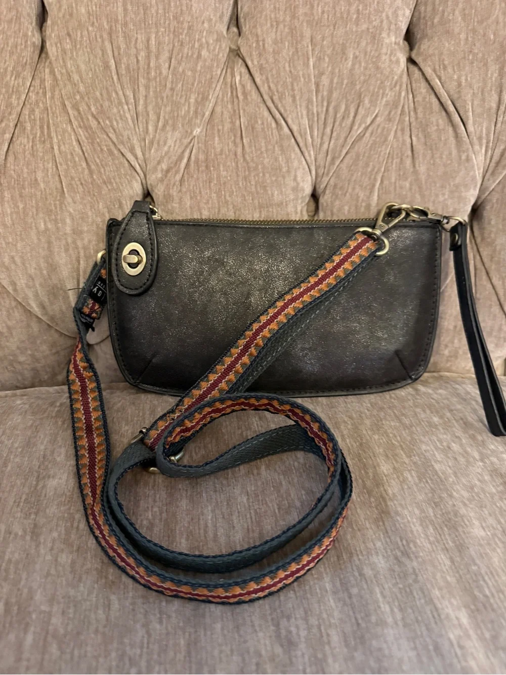 Joy Susan Black Crossbody Bag with Multicolor Woven Strap